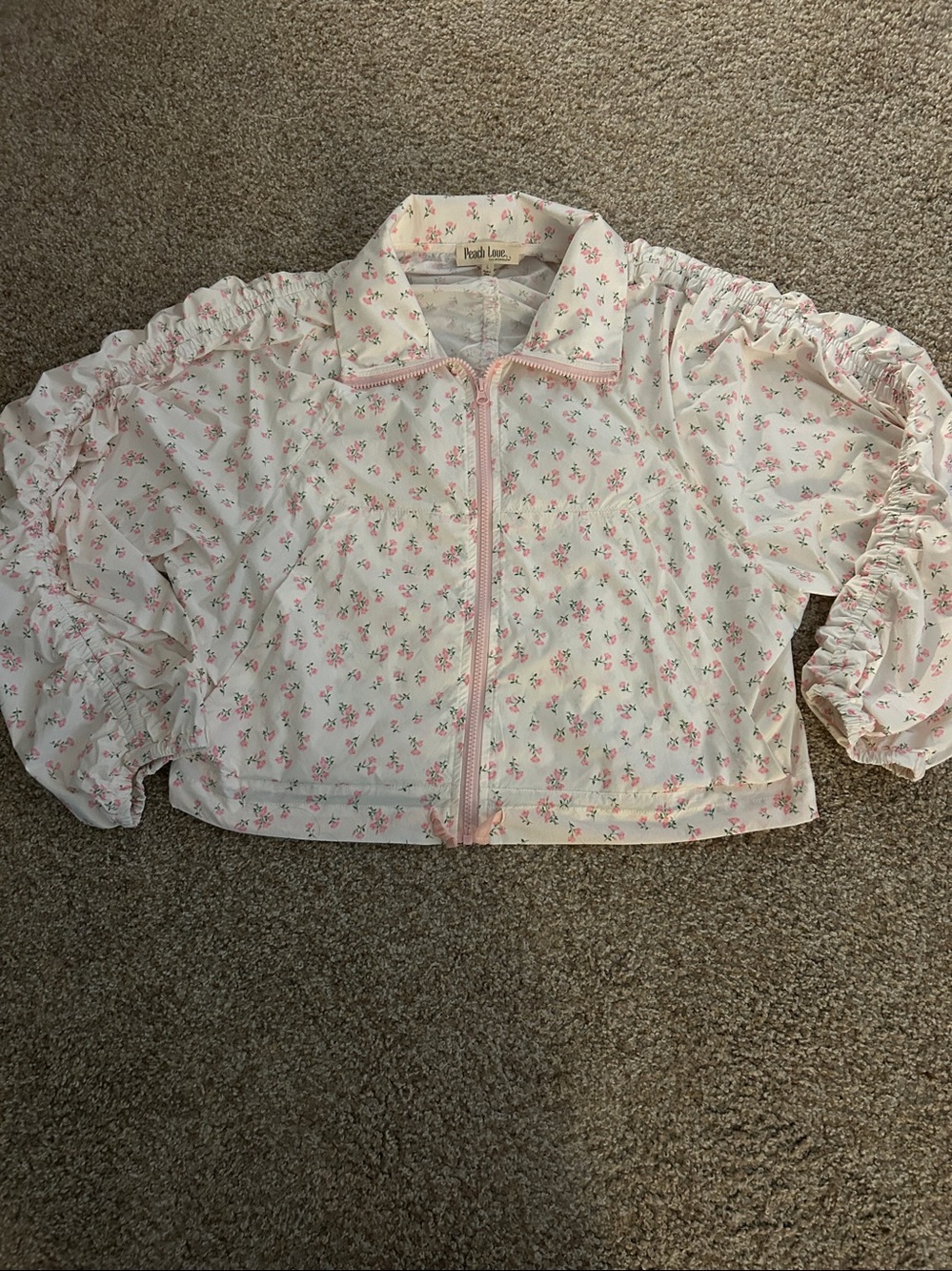 Peach Love California “nwot”Cream Floral Zip Puff Sleeve Jacket Sz:L “cute”